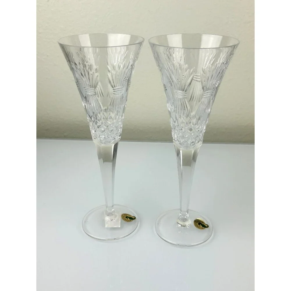2 Waterford Crystal Millennium Wheat PROSPERITY Toasting Champagne Flutes 9.25" - Picture 12 of 16